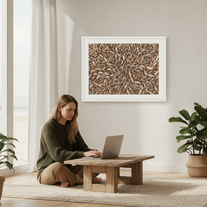 Tumbetin Baibaiye Healing Leaves Brown Cream and Grey Mocha Tone by Emma Rigney wall - art - picture - poster