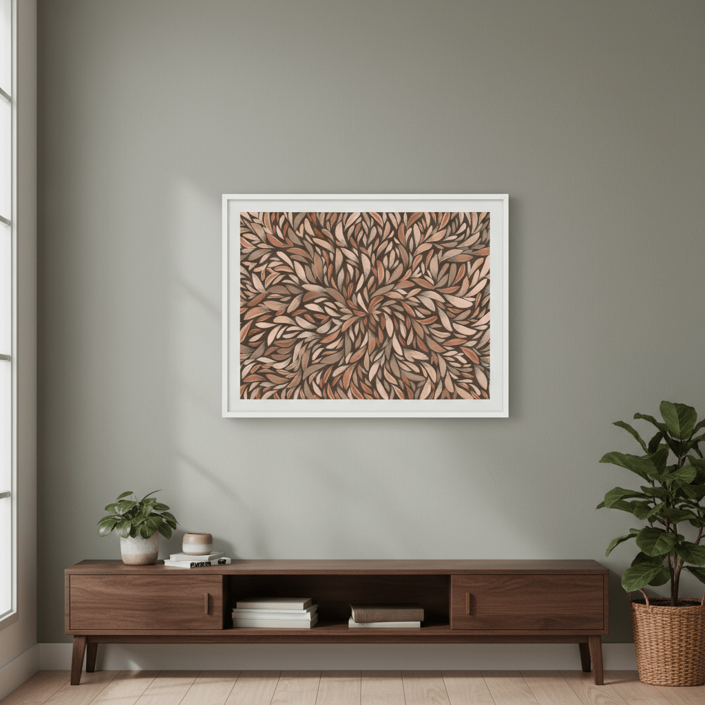 Tumbetin Baibaiye Healing Leaves Brown Cream and Grey Mocha Tone by Emma Rigney wall - art - picture - poster