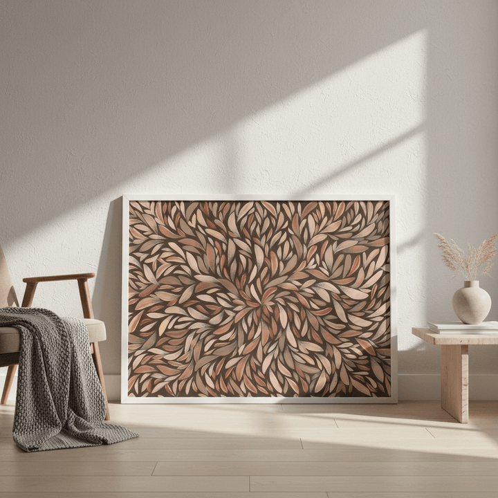 Tumbetin Baibaiye Healing Leaves Brown Cream and Grey Mocha Tone by Emma Rigney wall - art - picture - poster