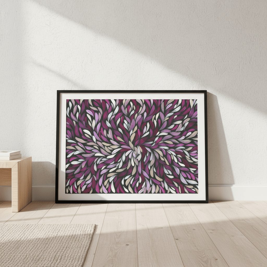 Tumbetin Baibaiye Healing Leaves in Purple Cream White by Emma Rigney wall - art - picture - poster