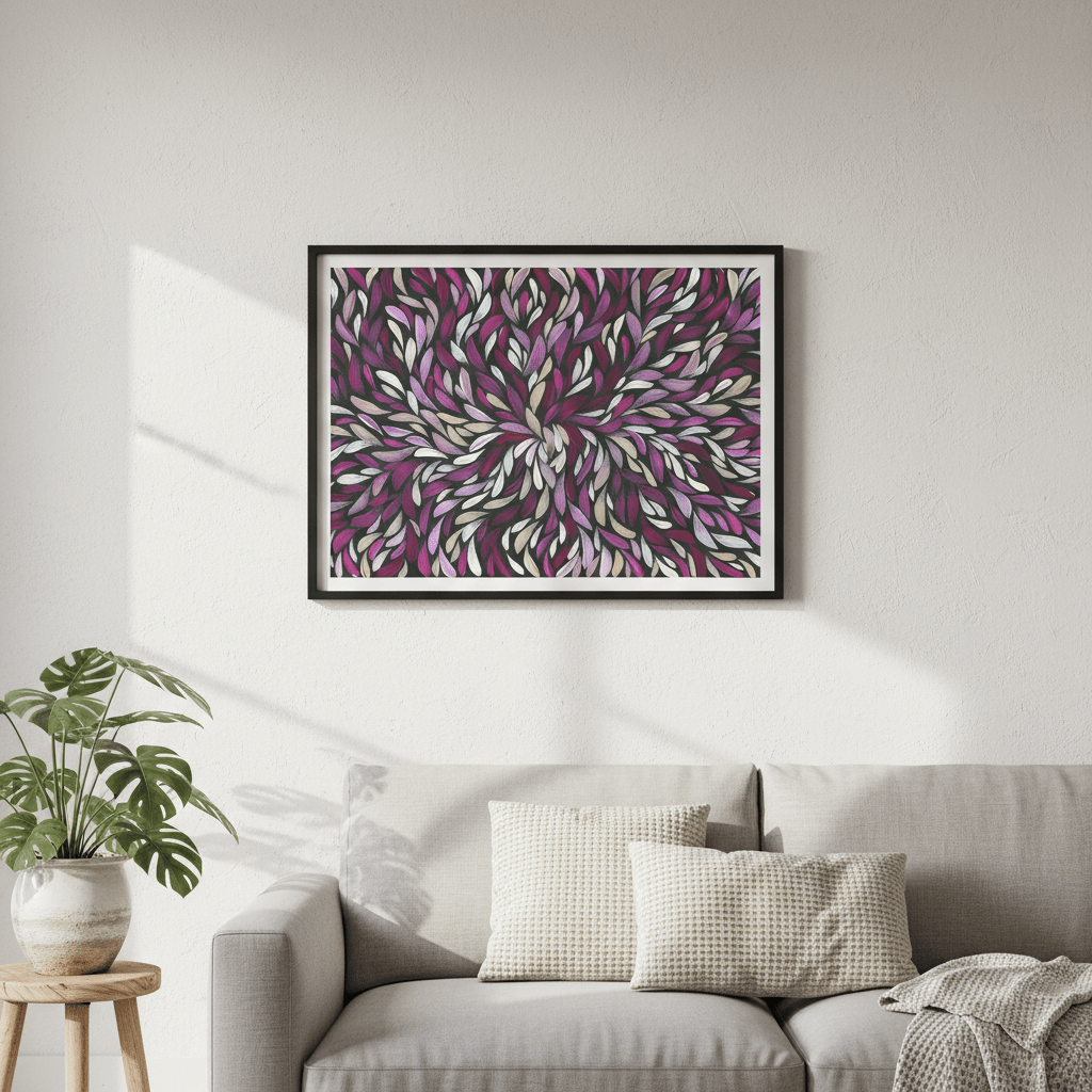 Tumbetin Baibaiye Healing Leaves in Purple Cream White by Emma Rigney wall - art - picture - poster