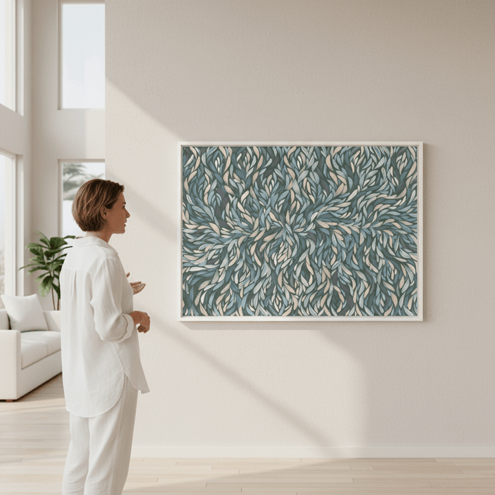 Tumbetin Baibaiye Healing Leaves Purple Beige and Cream Blue Tone by Emma Rigney wall - art - picture - poster