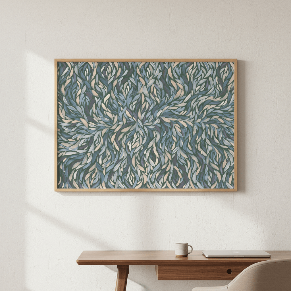 Tumbetin Baibaiye Healing Leaves Purple Beige and Cream Blue Tone by Emma Rigney wall - art - picture - poster