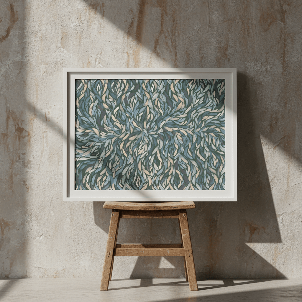 Tumbetin Baibaiye Healing Leaves Purple Beige and Cream Blue Tone by Emma Rigney wall - art - picture - poster