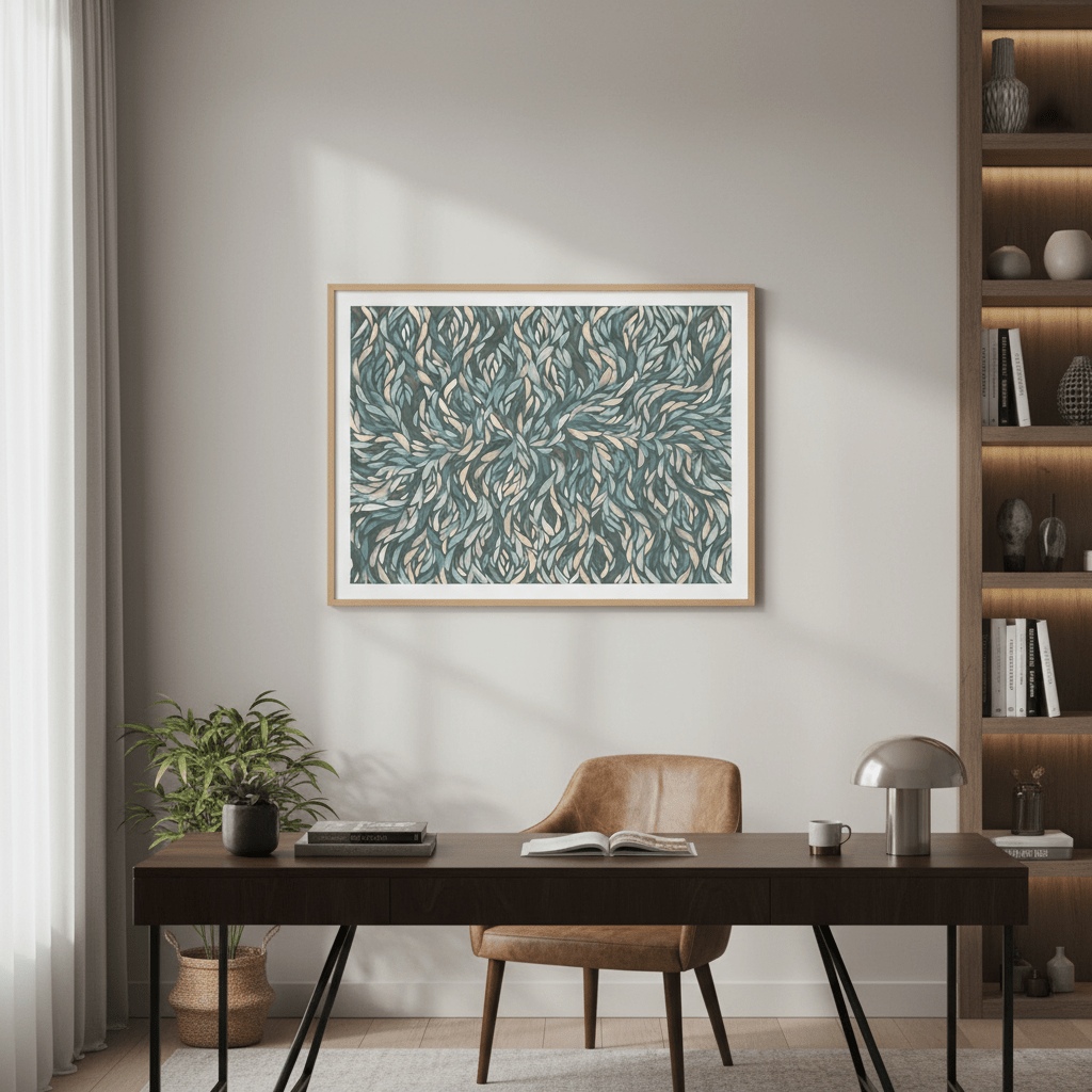 Tumbetin Baibaiye Healing Leaves Purple Beige and Cream Blue Tone by Emma Rigney wall - art - picture - poster