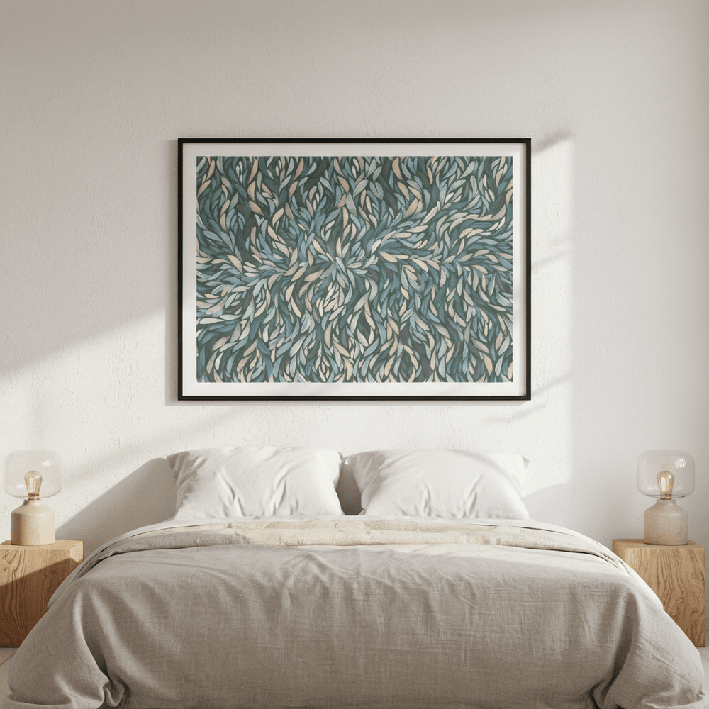 Tumbetin Baibaiye Healing Leaves Purple Beige and Cream Blue Tone by Emma Rigney wall - art - picture - poster