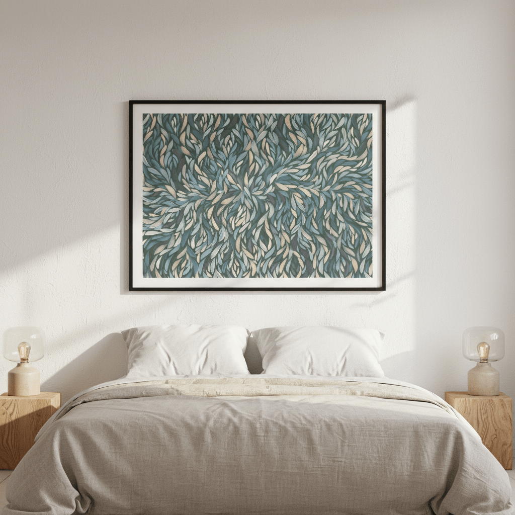 Tumbetin Baibaiye Healing Leaves Purple Beige and Cream Blue Tone by Emma Rigney wall - art - picture - poster