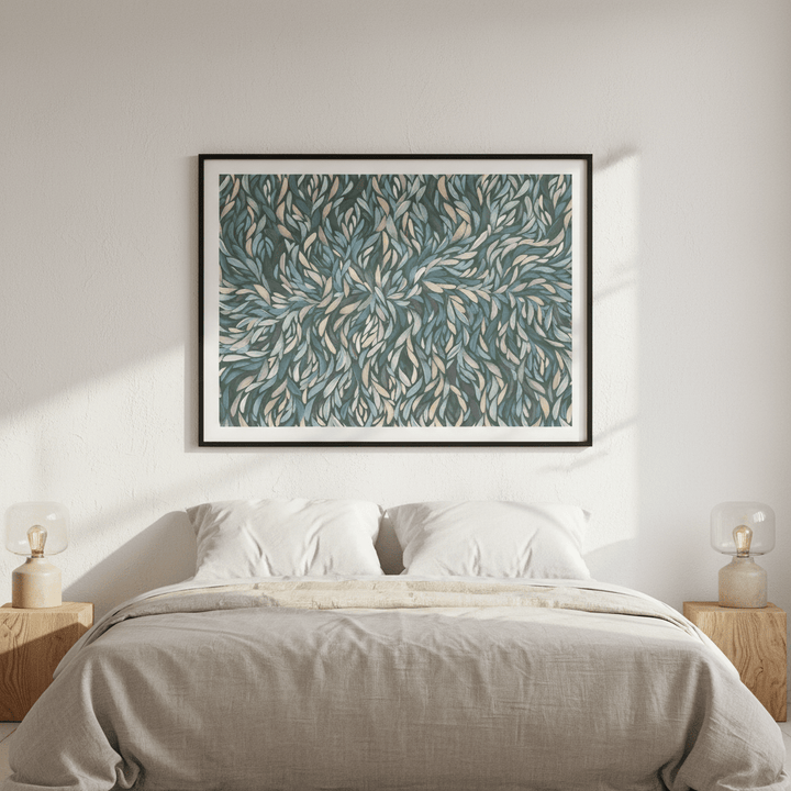 Tumbetin Baibaiye Healing Leaves Purple Beige and Cream Blue Tone by Emma Rigney wall - art - picture - poster