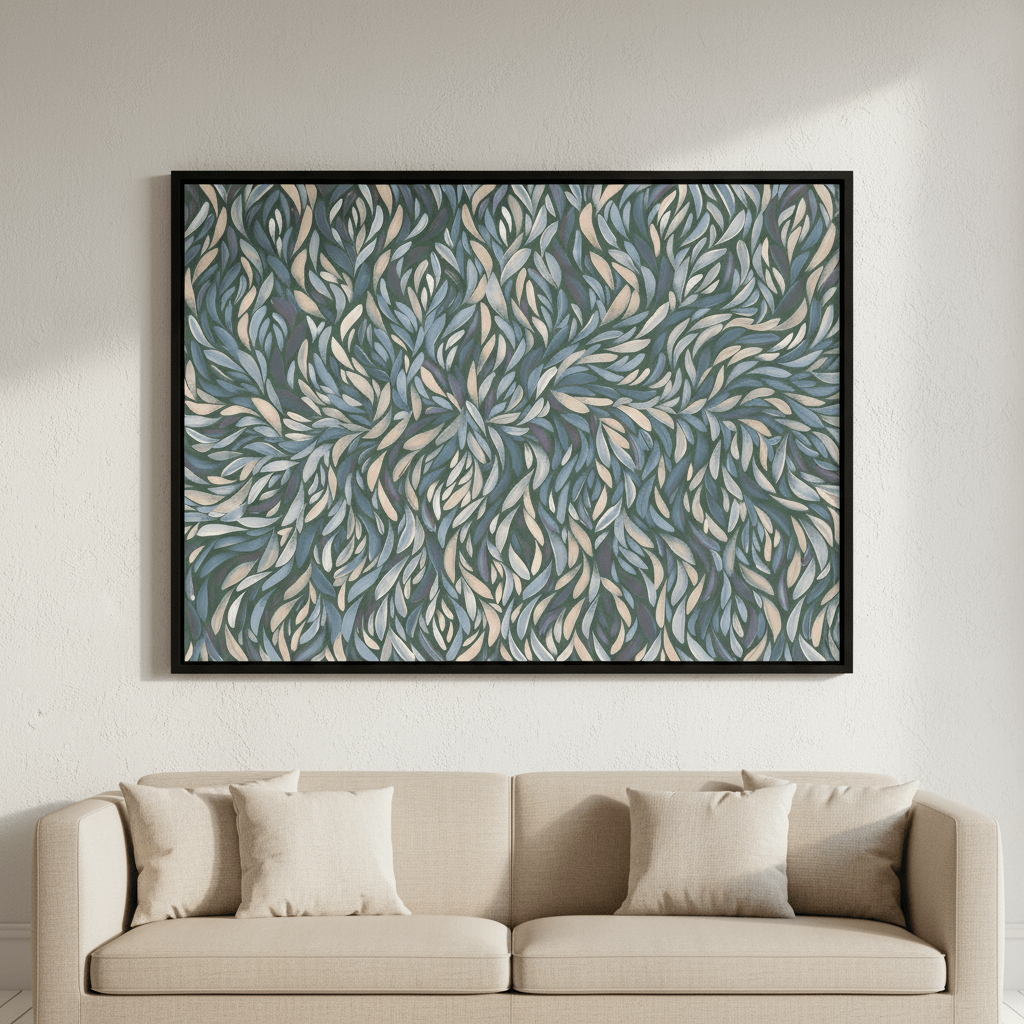 Tumbetin Baibaiye Healing Leaves Purple Beige and Cream Blue Tone by Emma Rigney wall - art - picture - poster