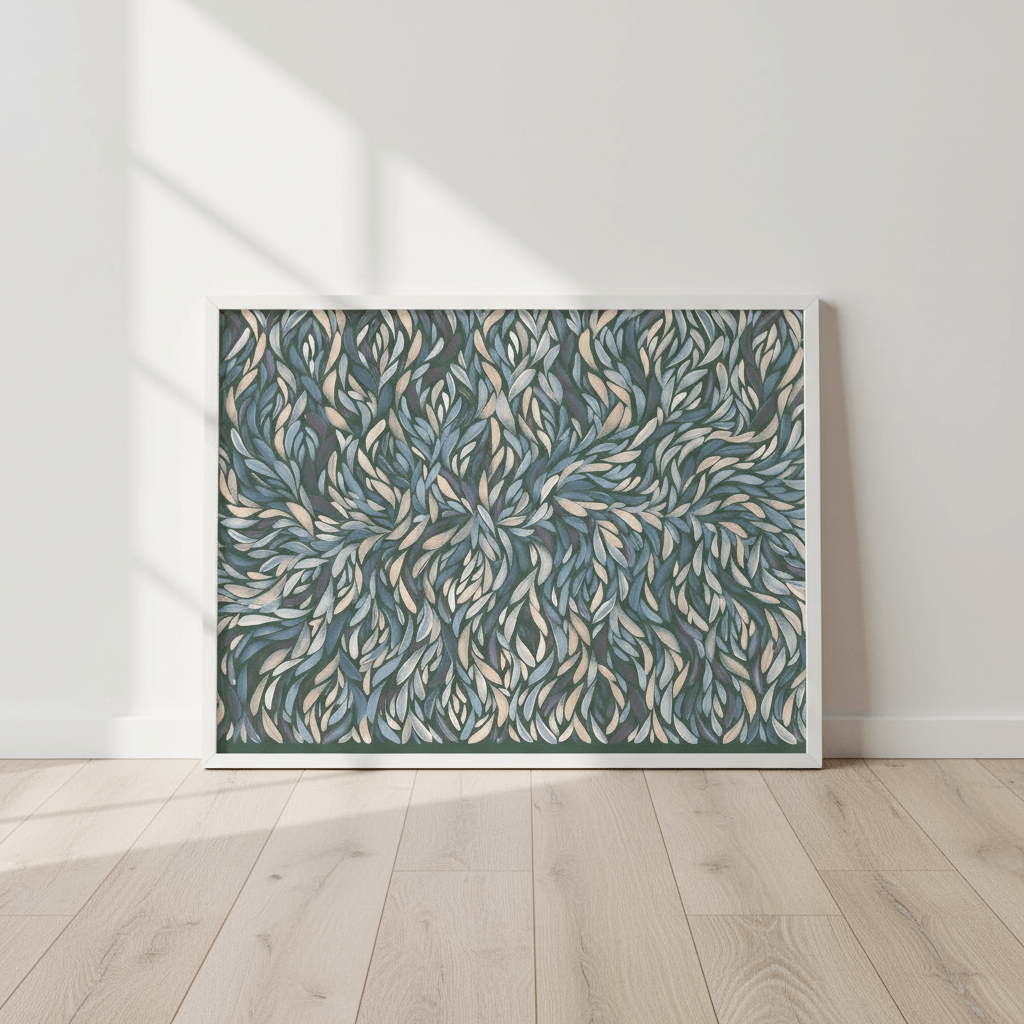 Tumbetin Baibaiye Healing Leaves Purple Beige and Cream Blue Tone by Emma Rigney wall - art - picture - poster