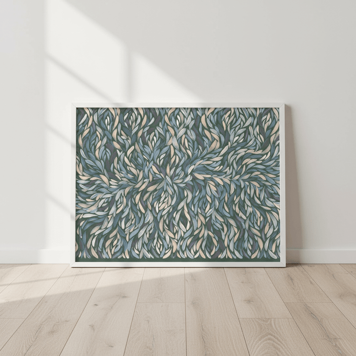 Tumbetin Baibaiye Healing Leaves Purple Beige and Cream Blue Tone by Emma Rigney wall - art - picture - poster