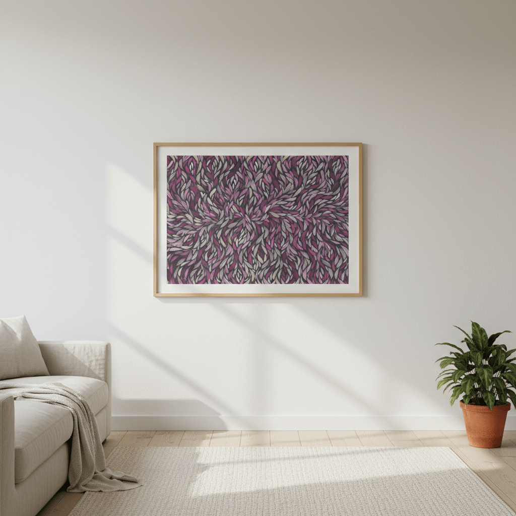 Tumbetin Baibaiye Healing Leaves Purple Beige and Cream by Emma Rigney wall - art - picture - poster