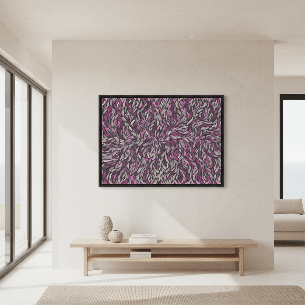 Tumbetin Baibaiye Healing Leaves Purple Beige and Cream by Emma Rigney wall - art - picture - poster