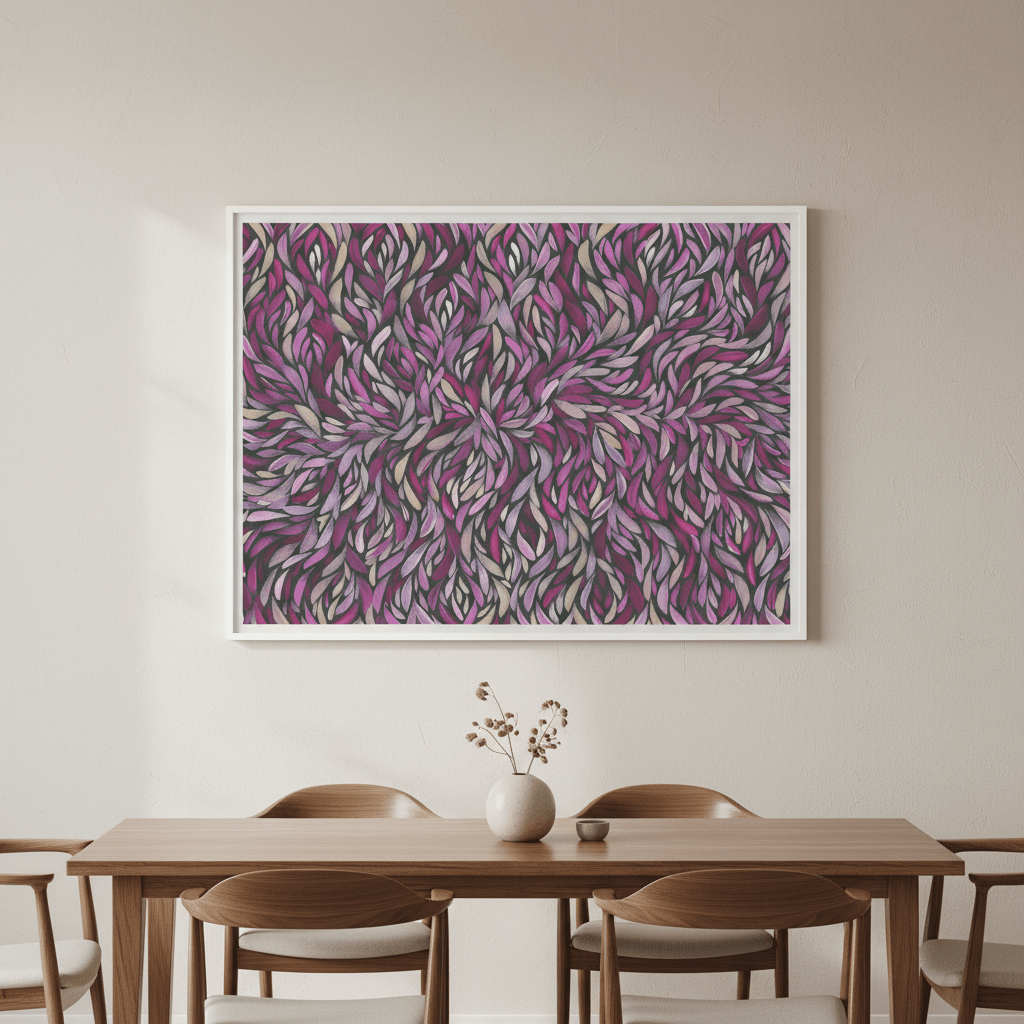 Tumbetin Baibaiye Healing Leaves Purple Beige and Cream by Emma Rigney wall - art - picture - poster