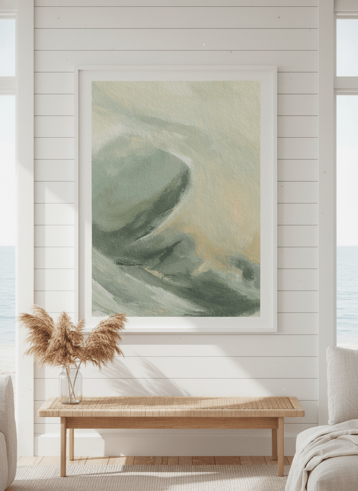 Neutral wall art displayed in a sunny coastal beach house