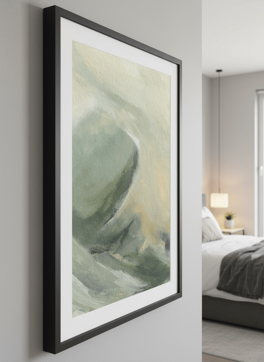 Minimalist artwork displayed in a calm, light-filled bedroom interior