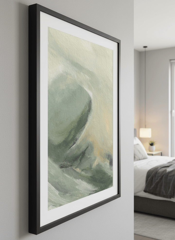 Minimalist artwork displayed in a calm, light-filled bedroom interior