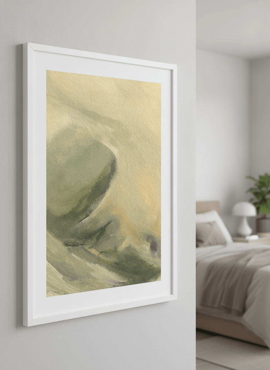 Minimalist artwork displayed in a calm, light-filled bedroom interior