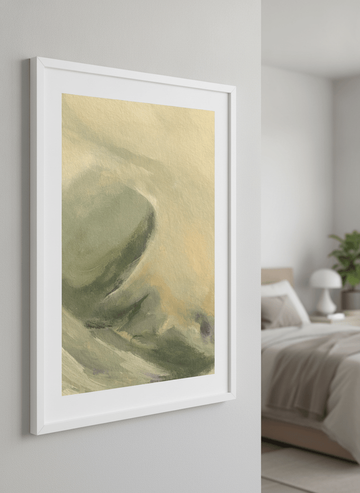 Minimalist artwork displayed in a calm, light-filled bedroom interior