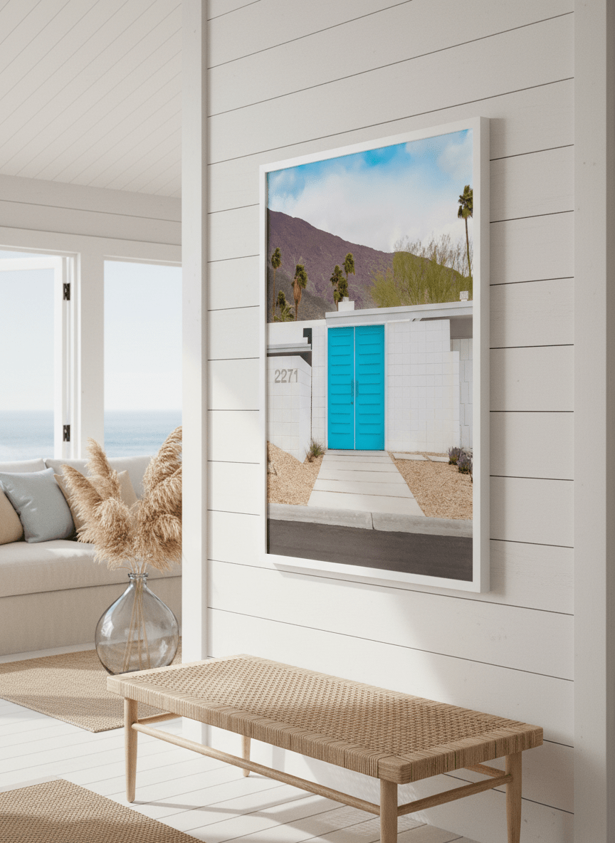 Neutral wall art displayed in a sunny coastal beach house