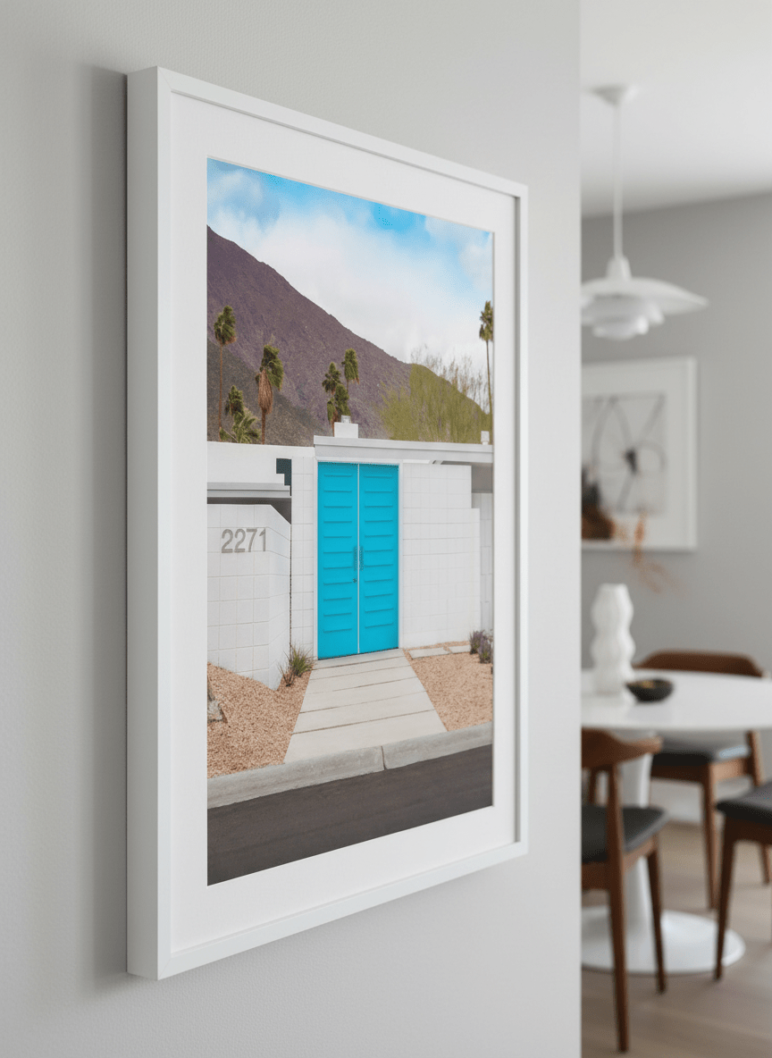Wall art styled above a dining table in a contemporary home