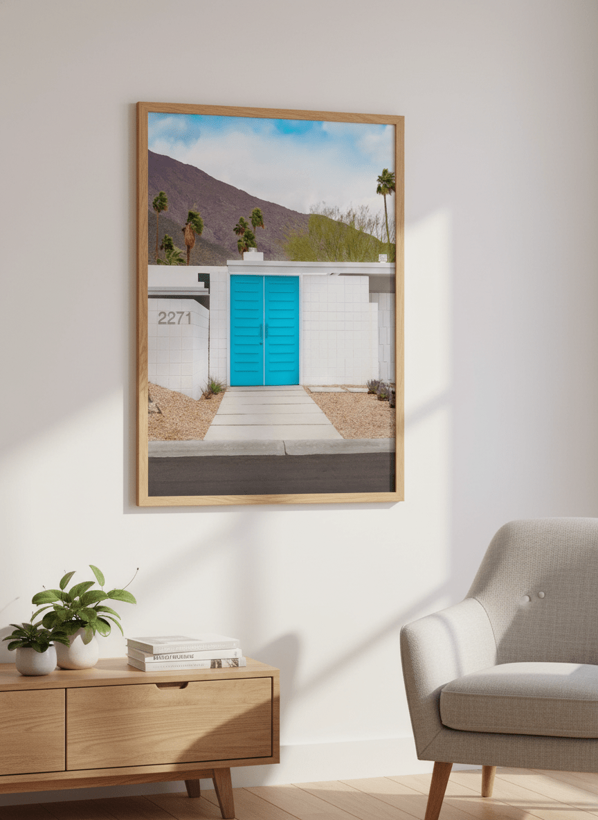 Modern wall art styled above a sofa in a neutral living room