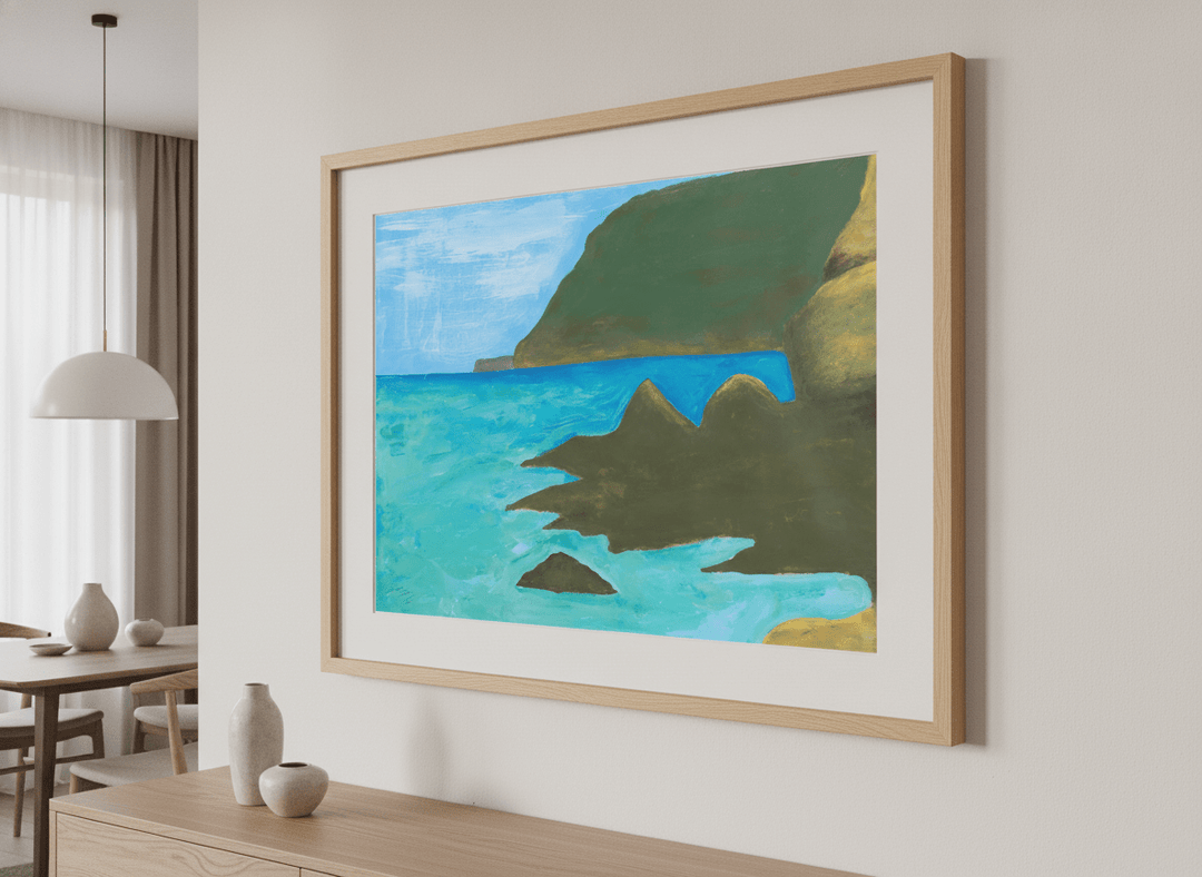 Wall art styled above a dining table in a contemporary home