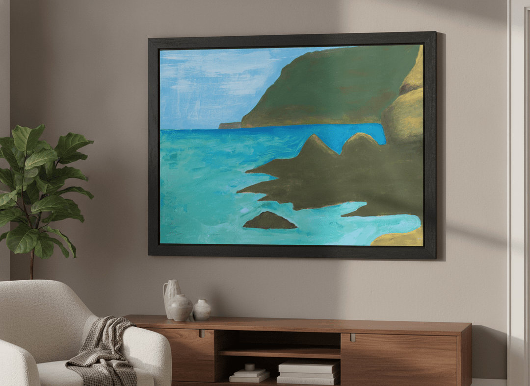 Modern wall art styled above a sofa in a neutral living room