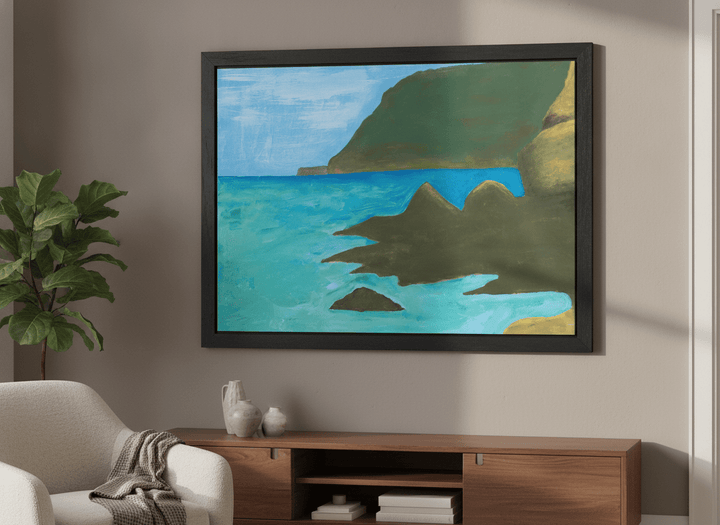 Modern wall art styled above a sofa in a neutral living room