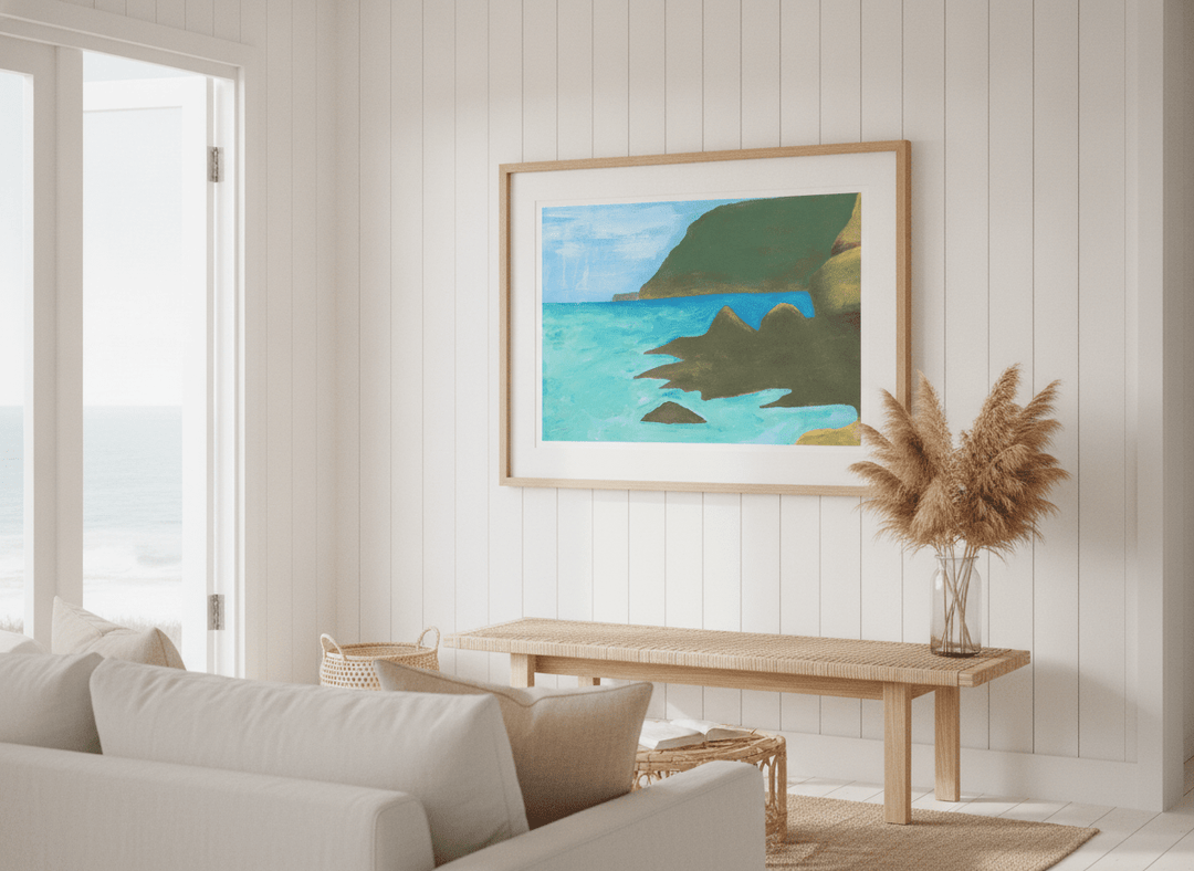 Neutral wall art displayed in a sunny coastal beach house