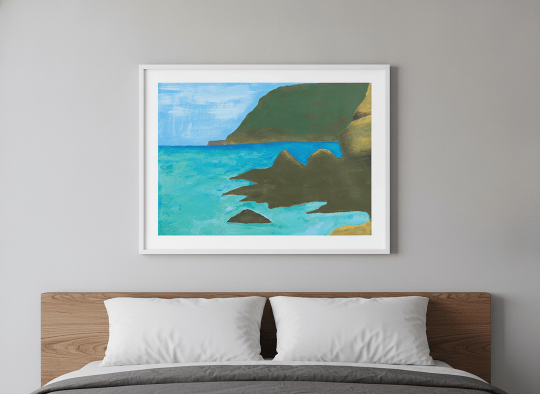 Minimalist artwork displayed in a calm, light-filled bedroom interior