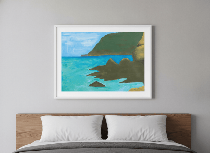 Minimalist artwork displayed in a calm, light-filled bedroom interior