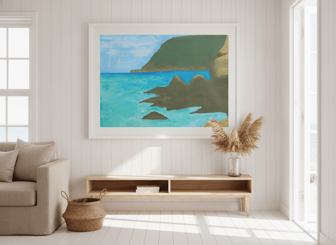 Neutral wall art displayed in a sunny coastal beach house
