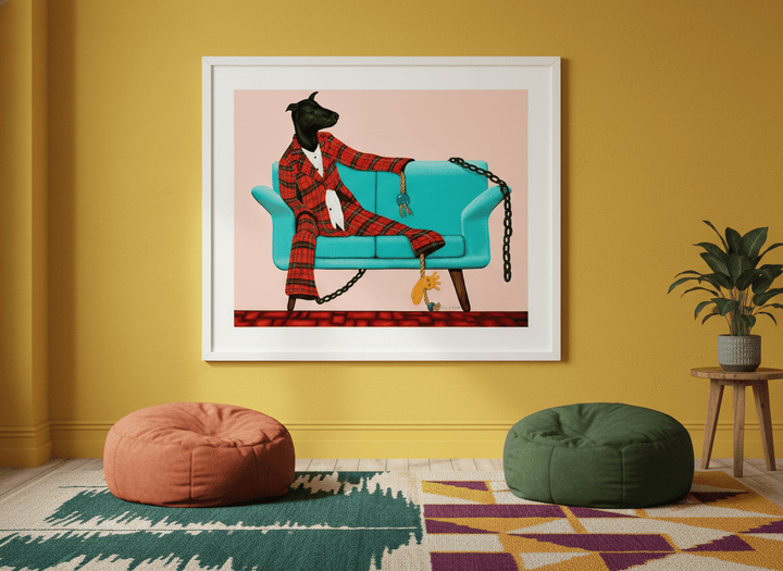 Bold wall art styled in a colourful, eclectic modern home