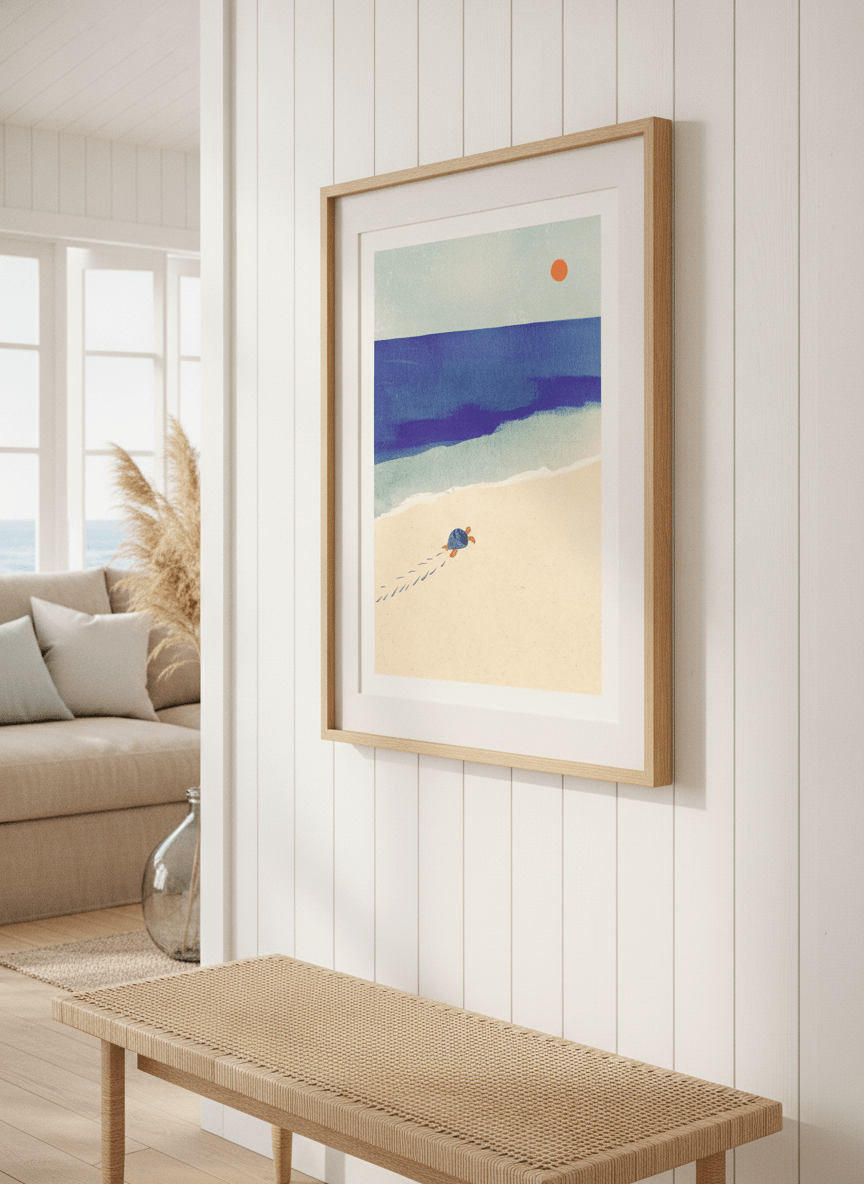 Neutral wall art displayed in a sunny coastal beach house