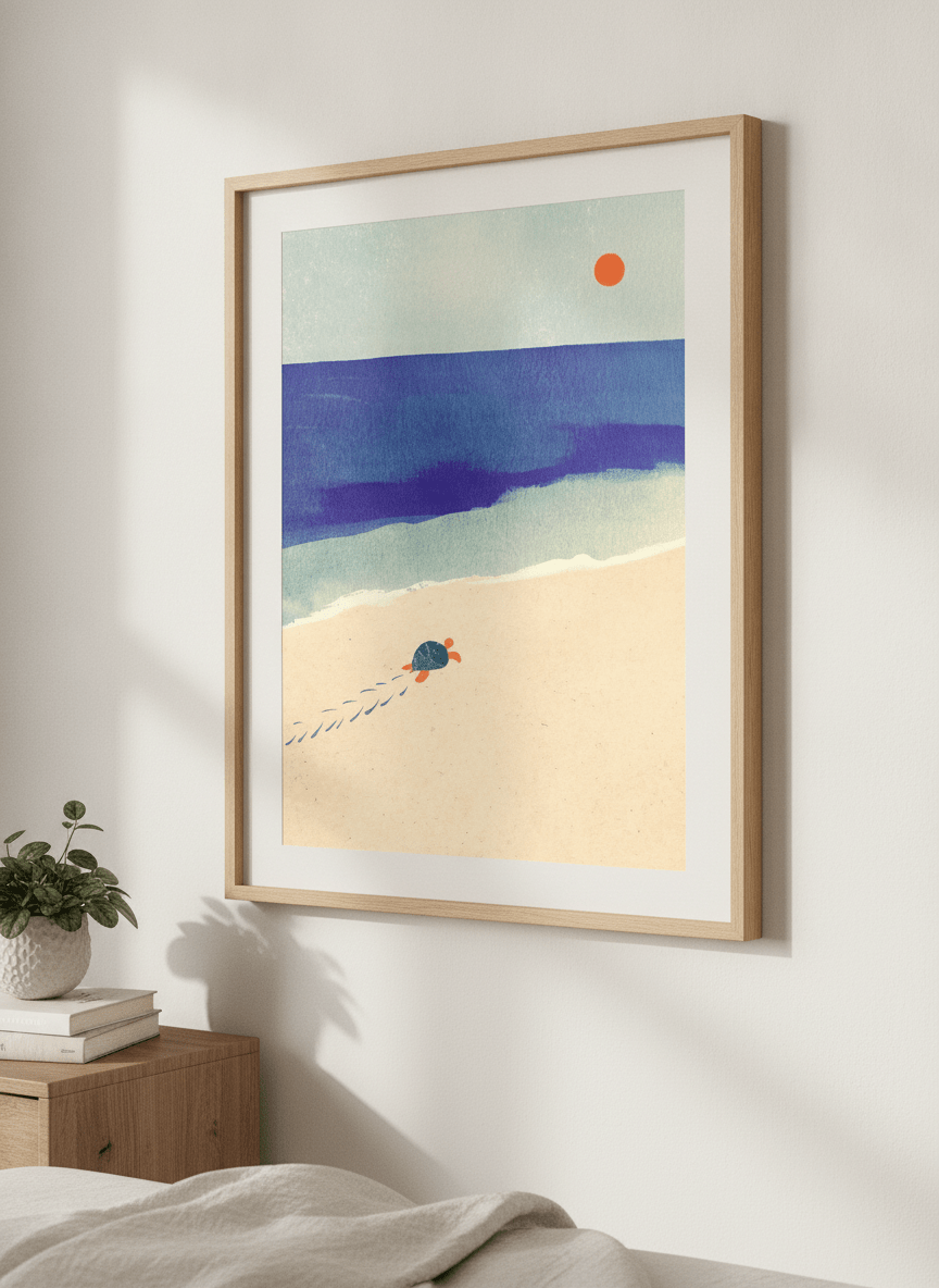Minimalist artwork displayed in a calm, light-filled bedroom interior