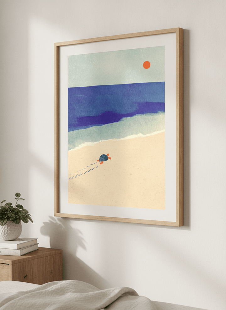 Minimalist artwork displayed in a calm, light-filled bedroom interior