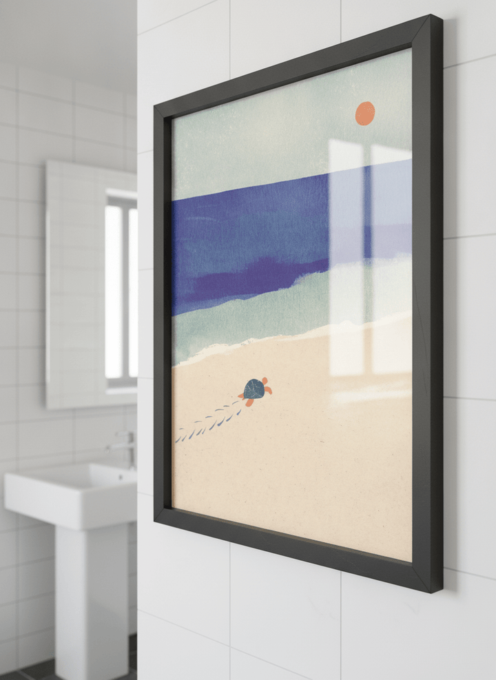 Modern print displayed in a clean minimalist bathroom setting
