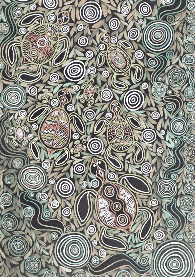 Turtles in Deep Water Dreaming Earth Green Tone by Emma Rigney