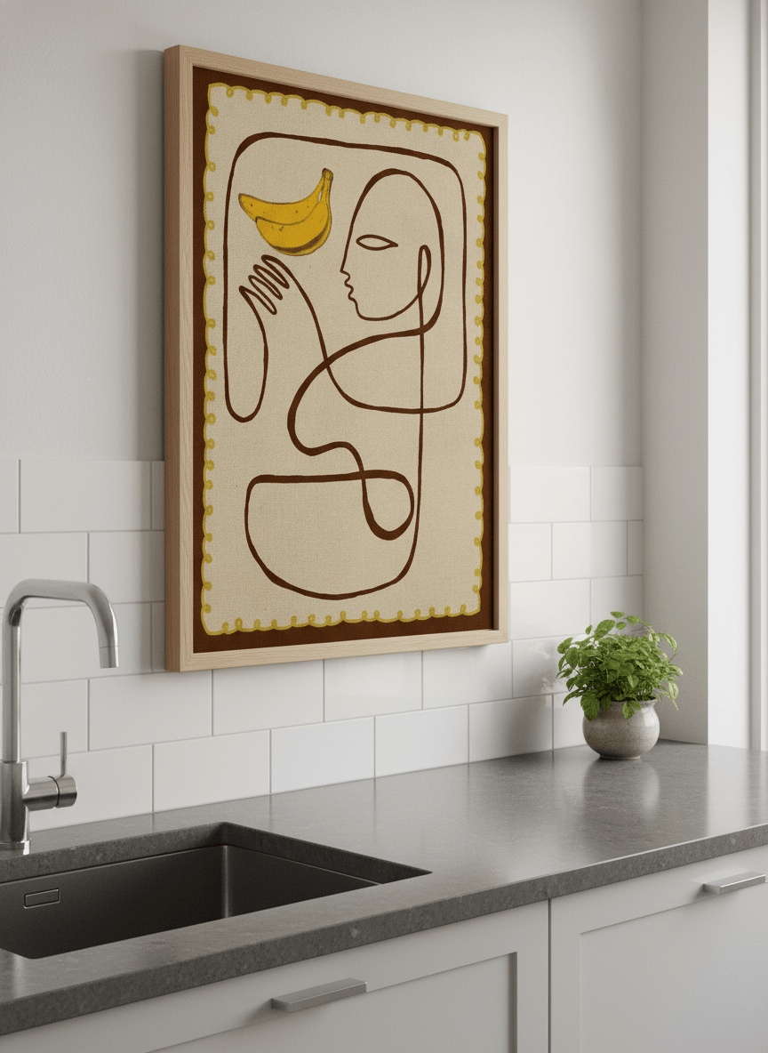 Artwork styled on the wall of a bright modern kitchen