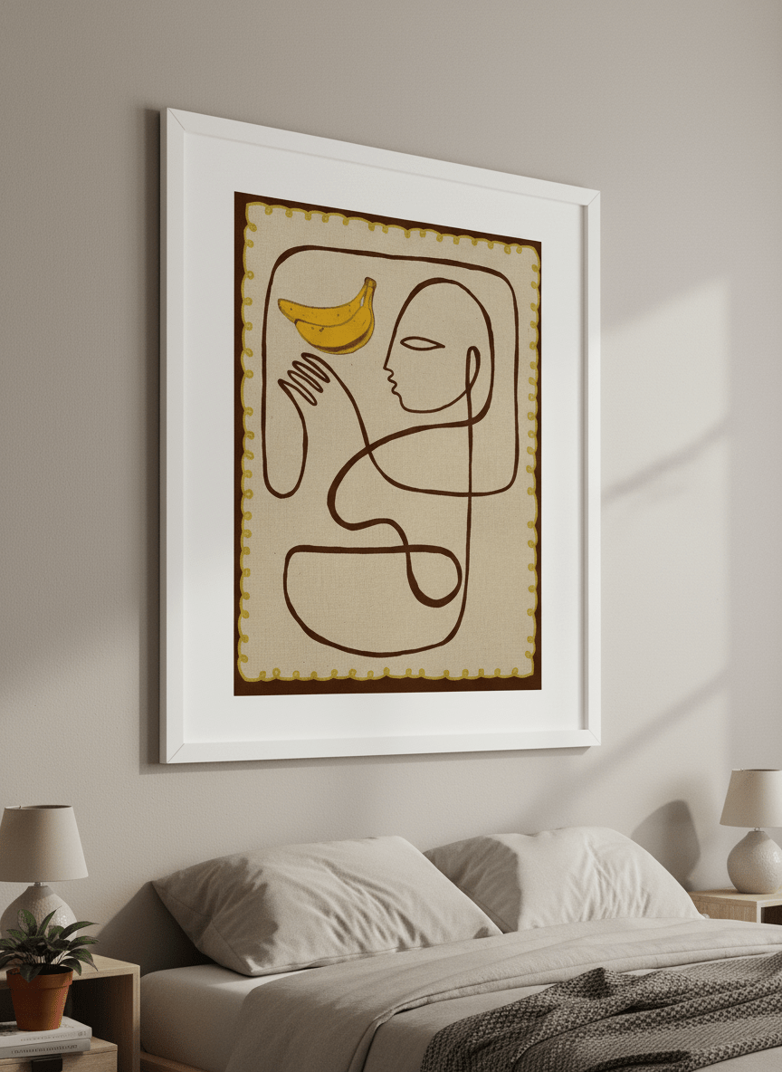 Minimalist artwork displayed in a calm, light-filled bedroom interior