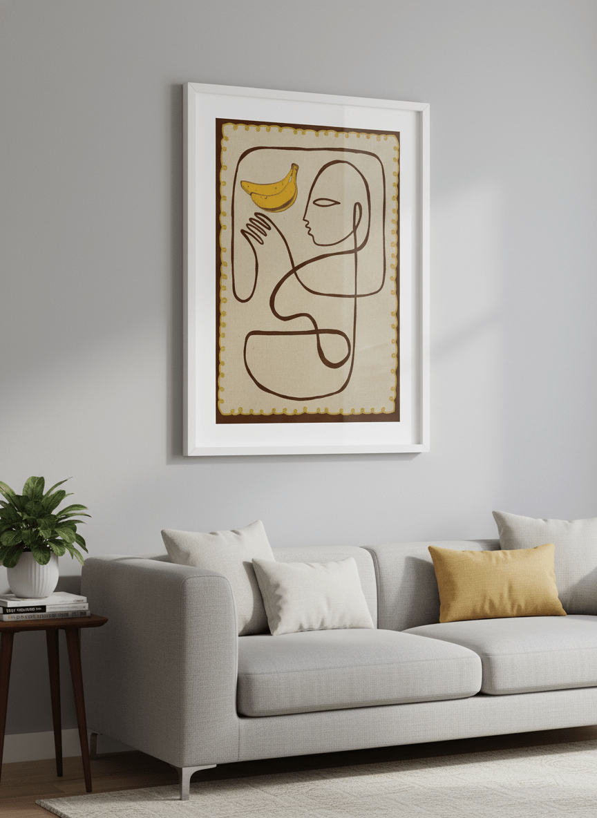 Modern wall art styled above a sofa in a neutral living room