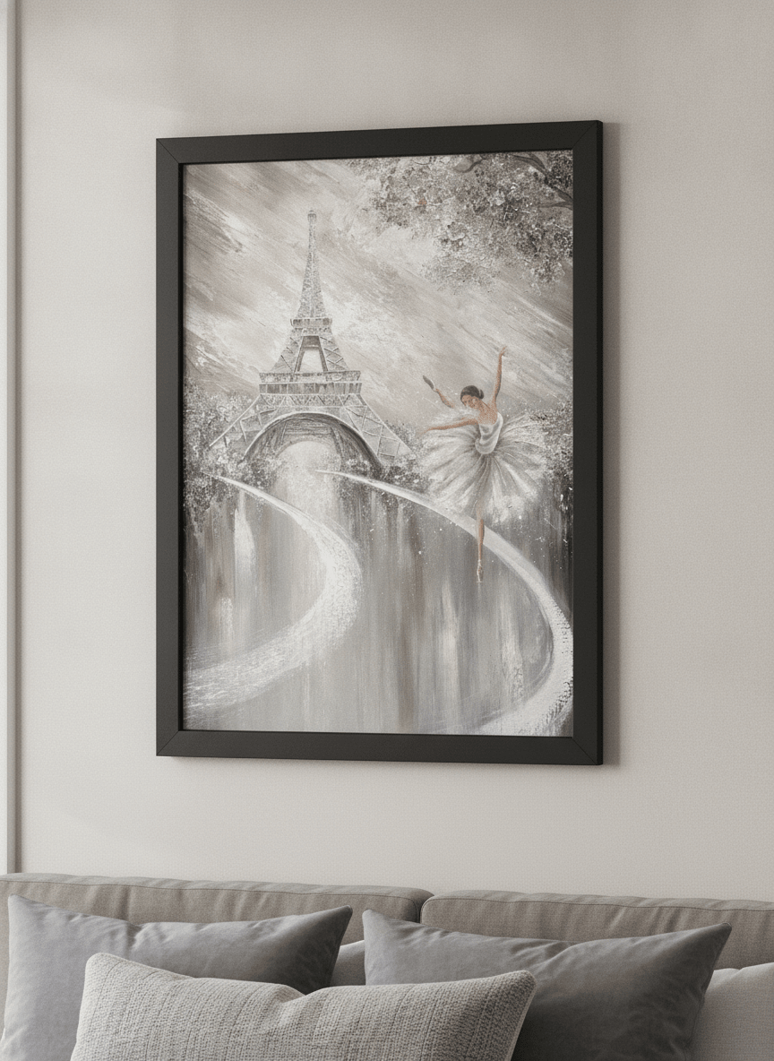 Minimalist artwork displayed in a calm, light-filled bedroom interior