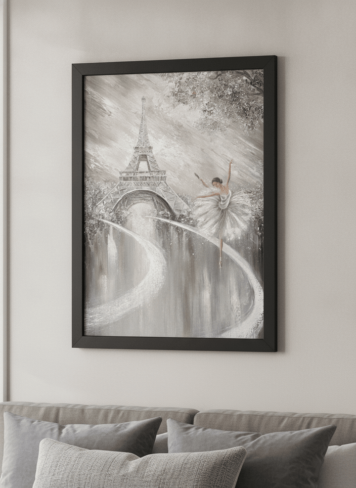 Minimalist artwork displayed in a calm, light-filled bedroom interior