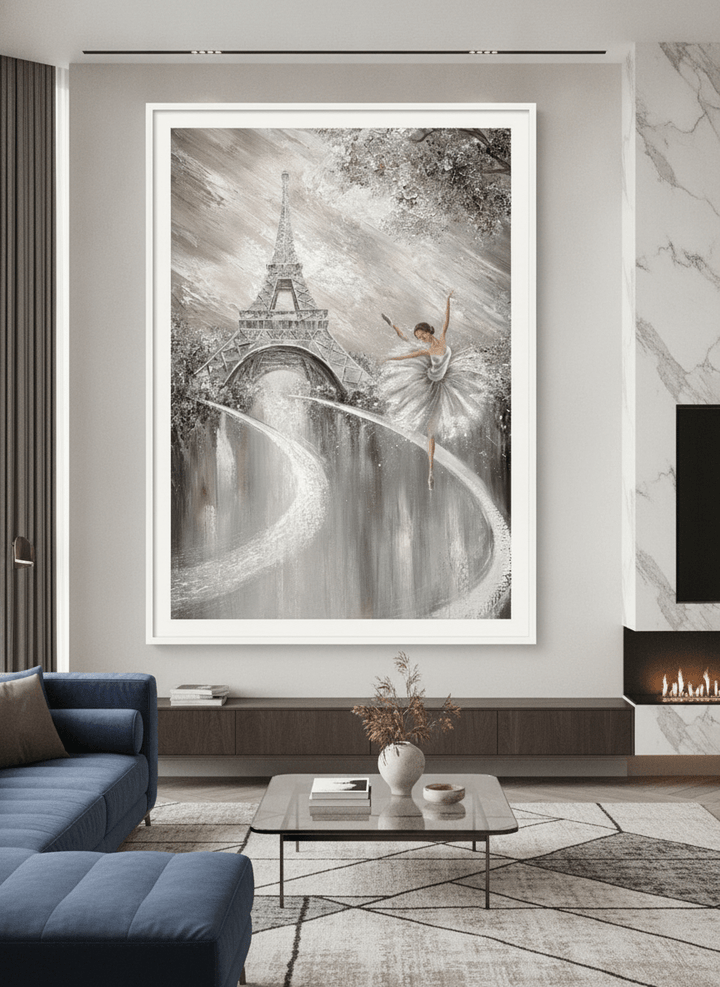 Monumental artwork centred on a feature wall in a luxe interior