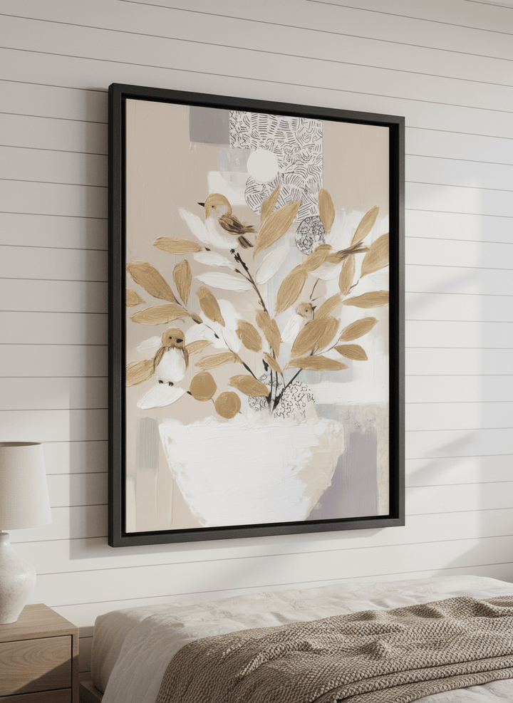 Minimalist artwork displayed in a calm, light-filled bedroom interior