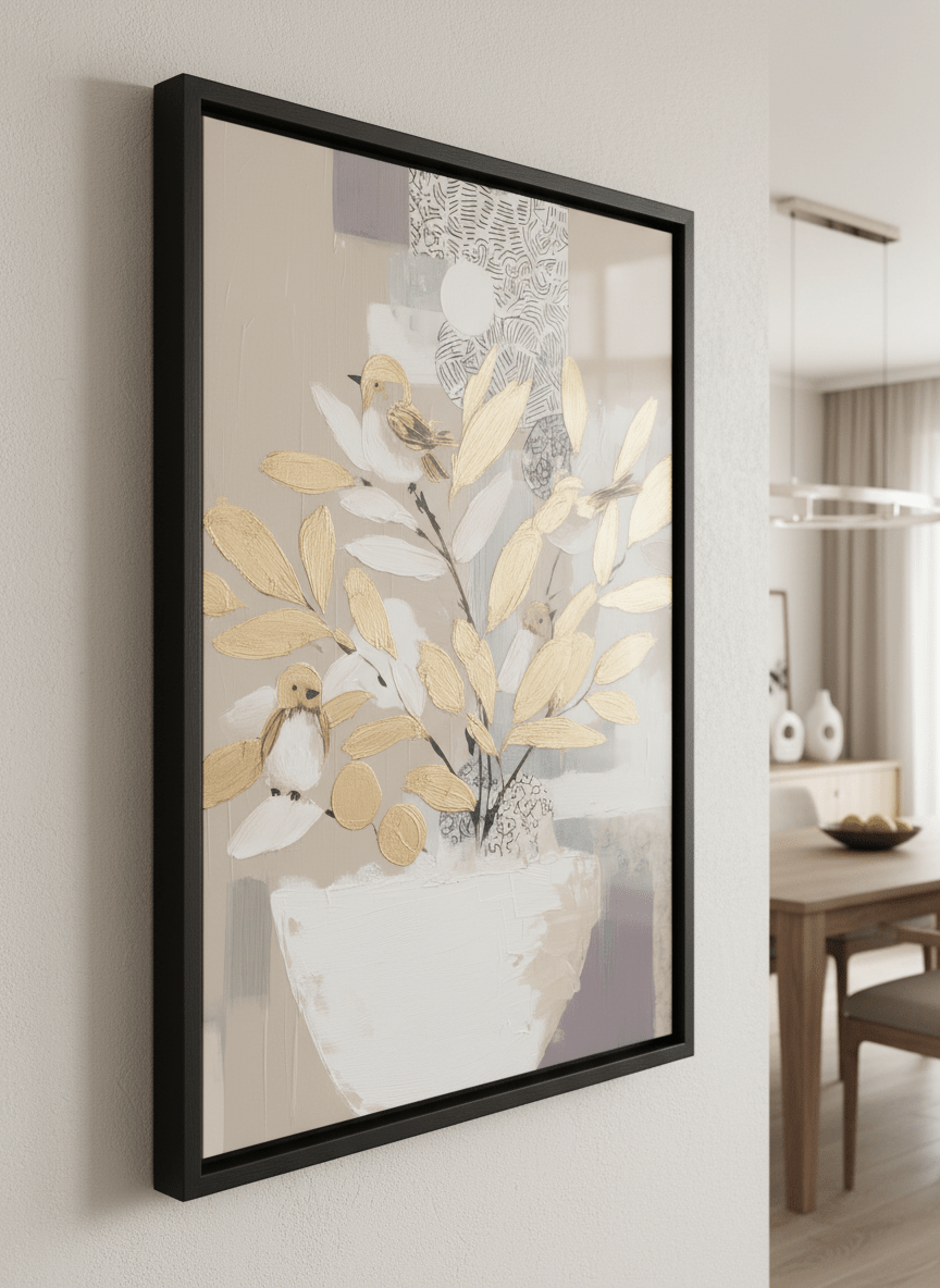 Wall art styled above a dining table in a contemporary home