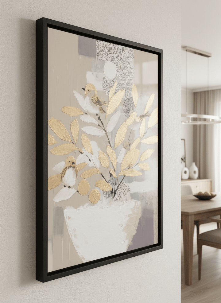 Wall art styled above a dining table in a contemporary home