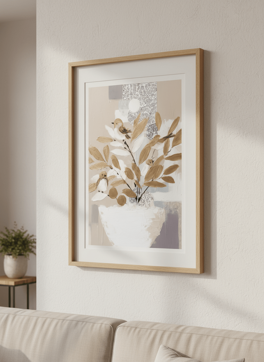 Modern wall art styled above a sofa in a neutral living room