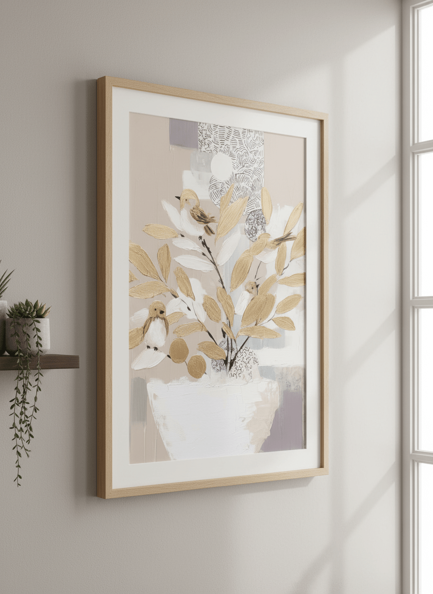 Contemporary wall art featured in a bright modern office workspace